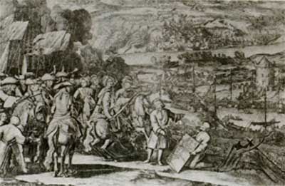 Осада турецкой крепости Азов русскими войсками в 1696 г. Гравюра А. Шхонебека